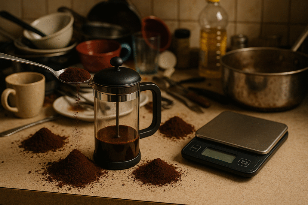 coffee, coffee grind, scooping random amounts of coffee into my French press