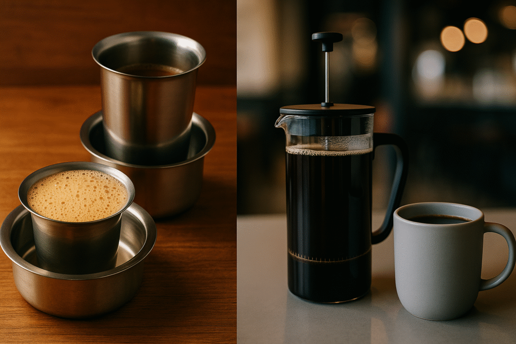 Filter Kaapi vs French Press, South Indian coffee, French Press brewing