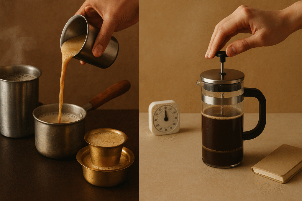 Filter Kaapi vs French Press, South Indian coffee, French Press brewing, jannes punita