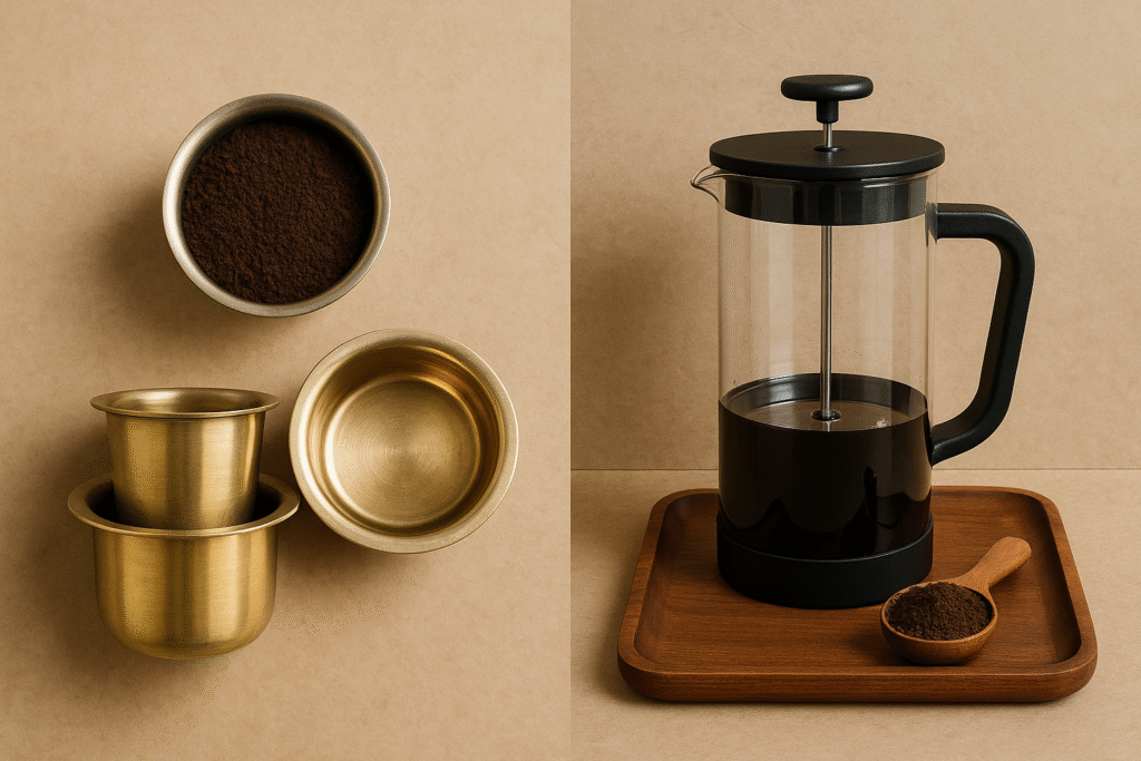 Filter Kaapi vs French Press, South Indian coffee, French Press brewing, jannes punita