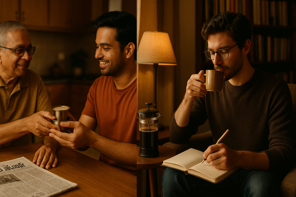 Filter Kaapi vs French Press, South Indian coffee, French Press brewing, jannes punita