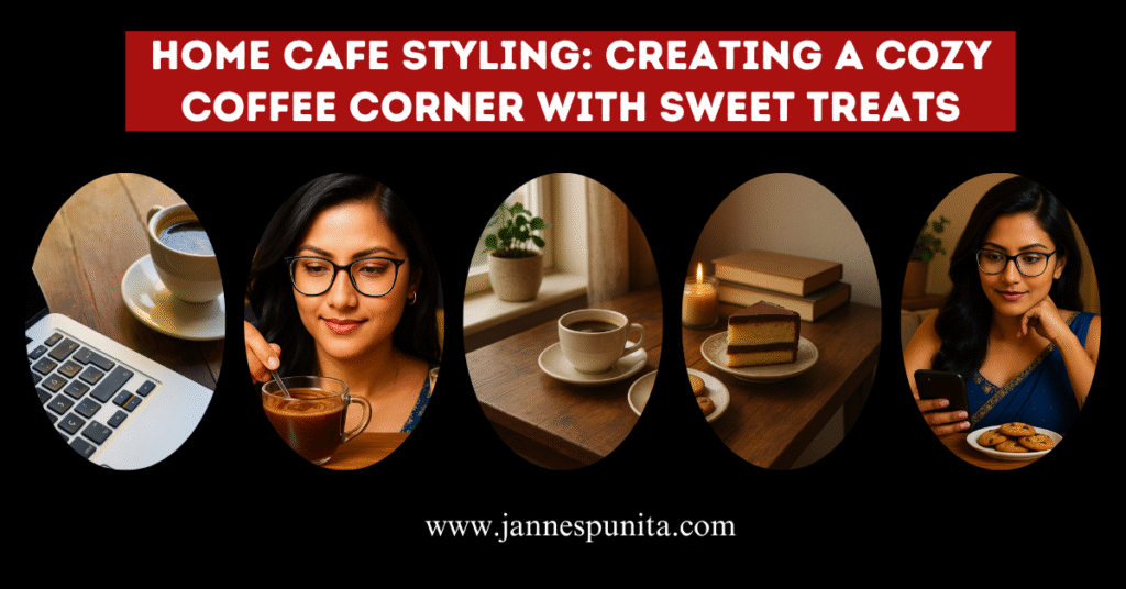home café, jannes punita, home café styling, coffee lifestyle blog, cozy coffee corner, coffee and dessert pairing, café-inspired home décor, candles and coffee ambiance