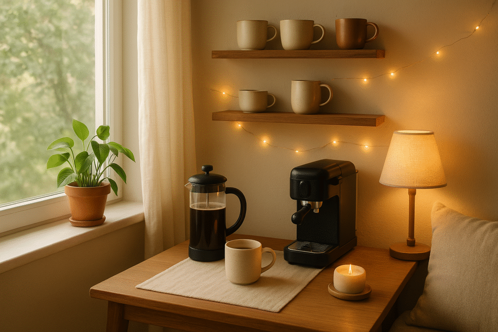 coffee corner at home, home coffee, coffee, home café, lifestyle coffee blog, how to create a coffee nook, cozy coffee corner ideas, aesthetic home coffee setup, coffee station design,  coffee nook must-haves, home café inspiration, cozy kitchen corner