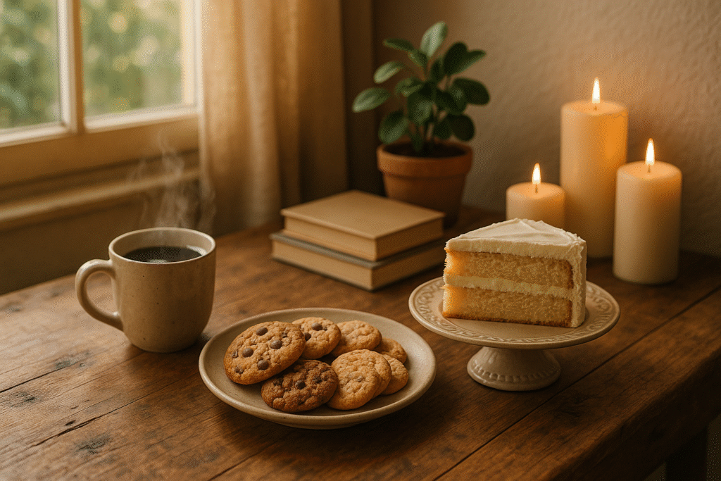 home café, home café styling, coffee lifestyle blog, cozy coffee corner, coffee and dessert pairing, café-inspired home décor, candles and coffee ambiance