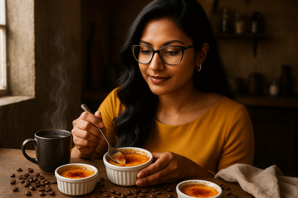 Coffee crème brûlée, coffee recipe, coffee dessert, Mini crème brûlées, Blowtorch-free desserts, Coffee culture, Coffee love, Dessert lifestyle, coffee lifestyle, coffee rituals, mini desserts, brew coffee, Jannes Punita blog, café-inspired recipes, home desserts, daily indulgence