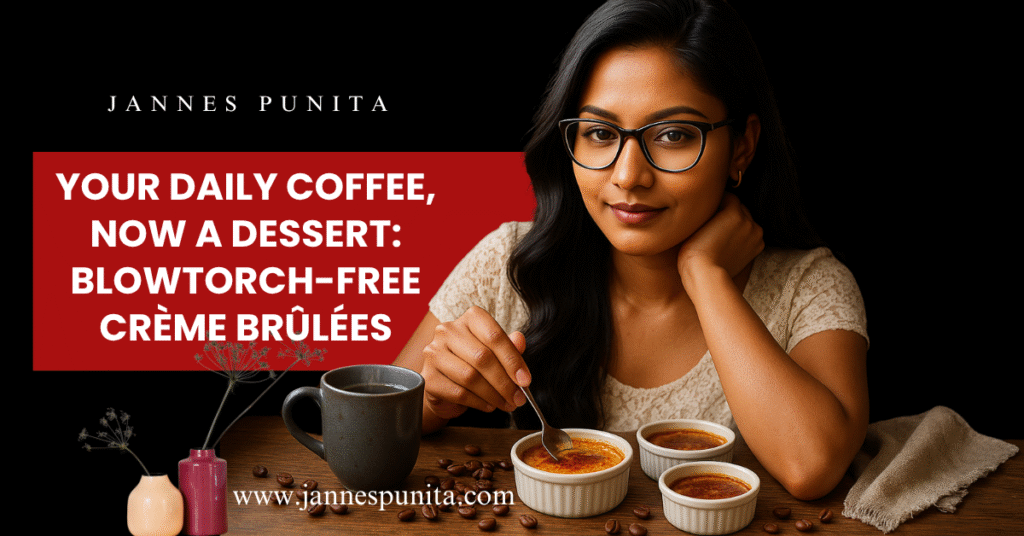 Coffee crème brûlée, coffee recipe, coffee dessert, Mini crème brûlées, Blowtorch-free desserts, Coffee culture, Coffee love, Dessert lifestyle, coffee lifestyle, coffee rituals, mini desserts, brew coffee, Jannes Punita blog, café-inspired recipes, home desserts, daily indulgence