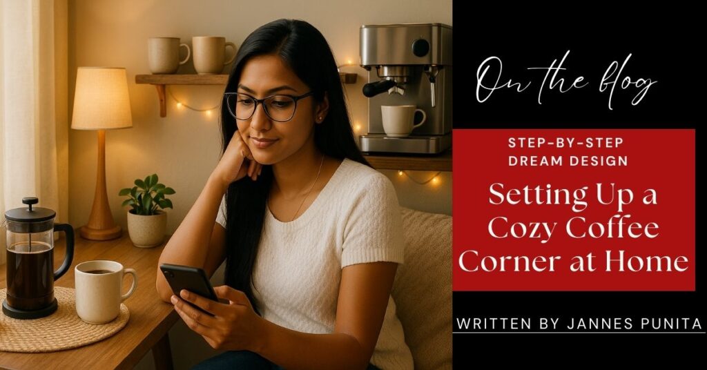 coffee corner at home, home coffee, coffee, jannes punita, jannes punita, home café, lifestyle coffee blog, how to create a coffee nook, cozy coffee corner ideas, aesthetic home coffee setup, coffee station design,  coffee nook must-haves, home café inspiration, cozy kitchen corner