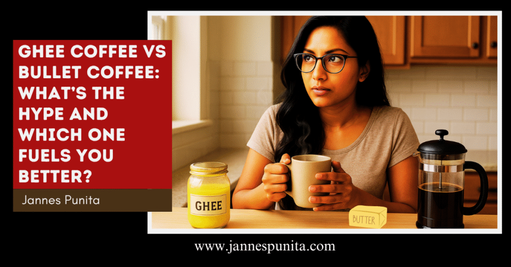 ghee coffee vs bullet coffee, viral coffee, ghee coffee benefits, bulletproof coffee review, healthy coffee trends, coffee for wellness, viral coffee drinks, Jannes Punita blog, lifestyle coffee culture