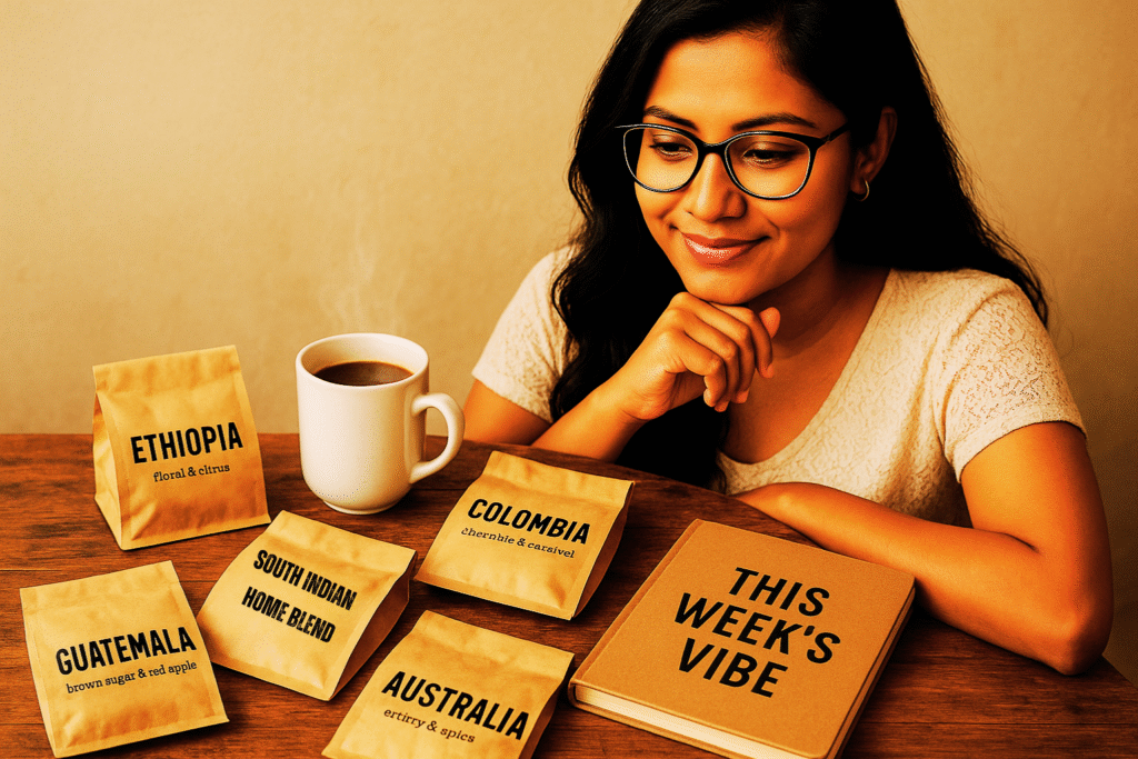 coffee beans, Jannes Punita blog, coffee culture, coffee rituals, coffee lifestyle, coffee and mood, energy-based coffee choice, emotional wellness, mindful coffee routine, coffee bean selection by vibe, weekly coffee ritual