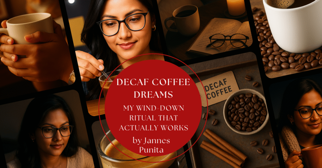 decaf coffee, coffee culture, Jannes Punita blog, coffee rituals, coffee lifestyle, decaf coffee for sleep, wind-down routine, nighttime coffee habit, evening rituals, calm lifestyle, caffeine-free routine