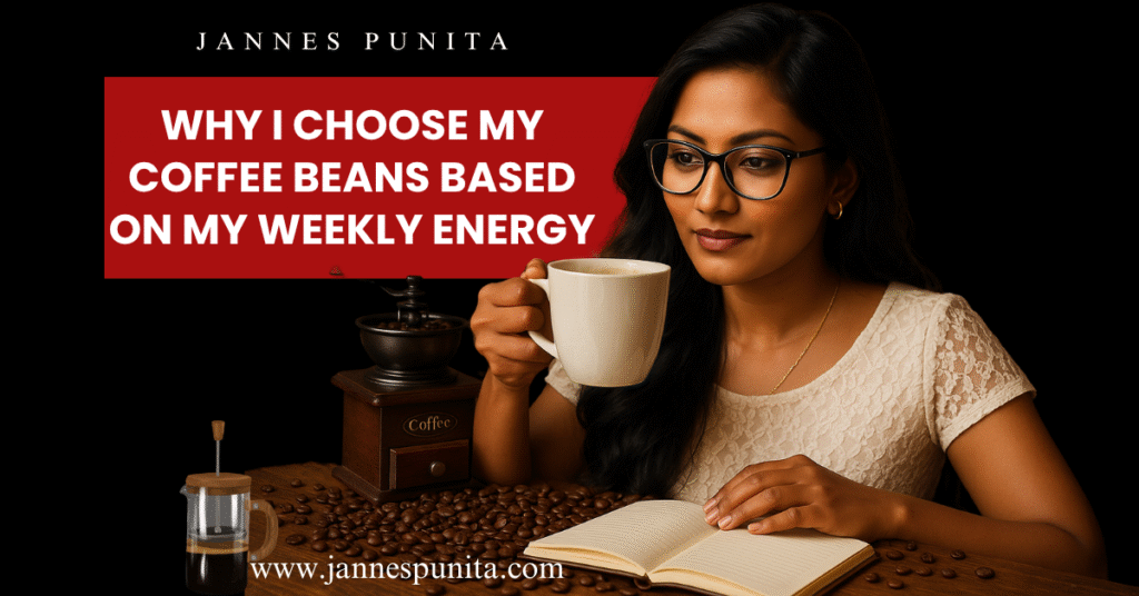 coffee beans, Jannes Punita blog, coffee culture, coffee rituals, coffee lifestyle, coffee and mood, energy-based coffee choice, emotional wellness, mindful coffee routine, coffee bean selection by vibe, weekly coffee ritual