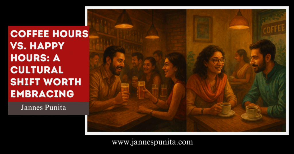 coffee hours, happy hours, Jannes Punita blog, coffee culture, coffee lifestyle, coffee rituals, coffee hours vs. happy hours, modern social rituals, mindful drinking, happy hour alternatives, slow living, introvert-friendly hangouts, lifestyle shift