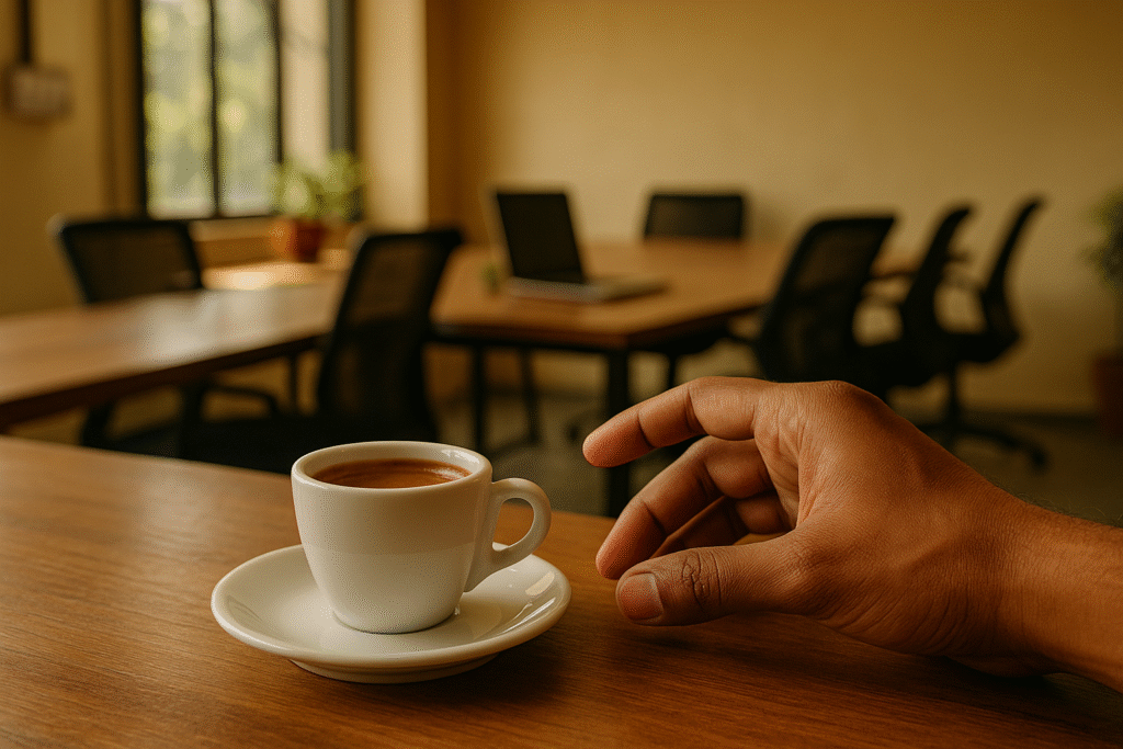 coffee in a co-working space, coffee culture, coworking space, work coffee routine, coworking caffeine, coffee rituals, coffee lifestyle, Jannes Punita blog, shared coffee breaks, productivity coffee hacks, team bonding rituals, friendly collaboration