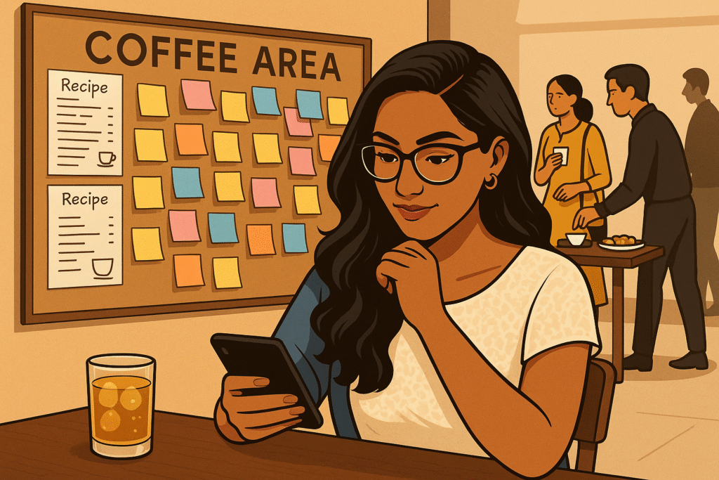 coffee in a co-working space, coffee culture, coworking space, work coffee routine, coworking caffeine, coffee rituals, coffee lifestyle, Jannes Punita blog, shared coffee breaks, productivity coffee hacks, team bonding rituals, friendly collaboration