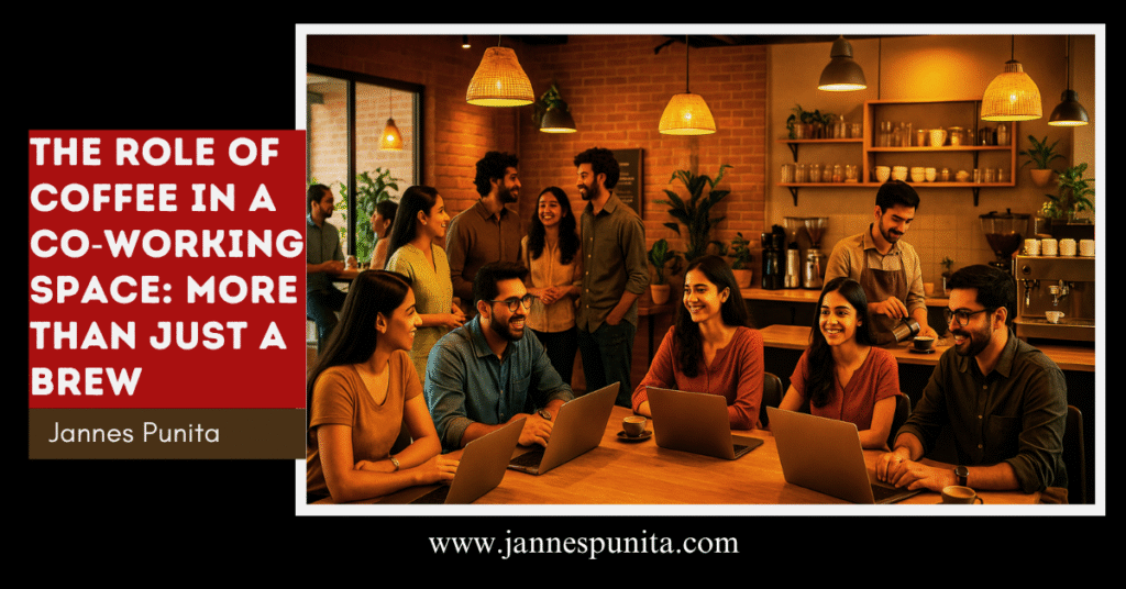 role of coffee, coffee in a co-working space, coffee culture, coworking space, work coffee routine, coworking caffeine, coffee rituals, coffee lifestyle, Jannes Punita blog, shared coffee breaks, productivity coffee hacks, team bonding rituals, friendly collaboration