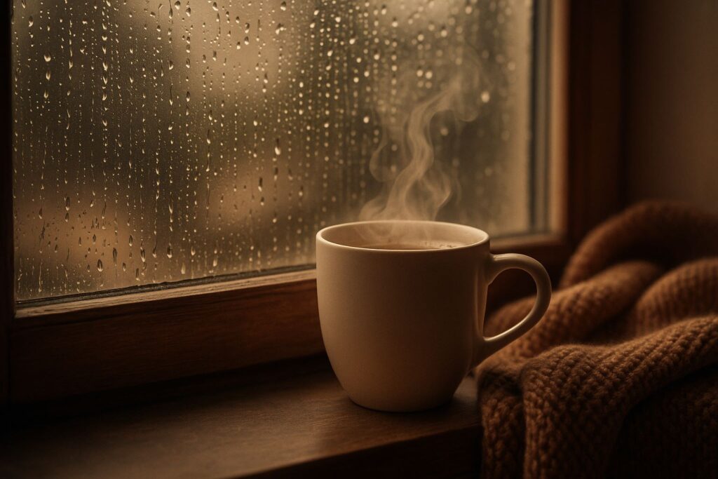 Coffee and rain, coffee culture, coffee rituals, coffee lifestyle, Jannes Punita blog, rainy day coffee, emotional comfort, cozy morning routine, simplicity ritual, daily coffee moment, coffee in rains