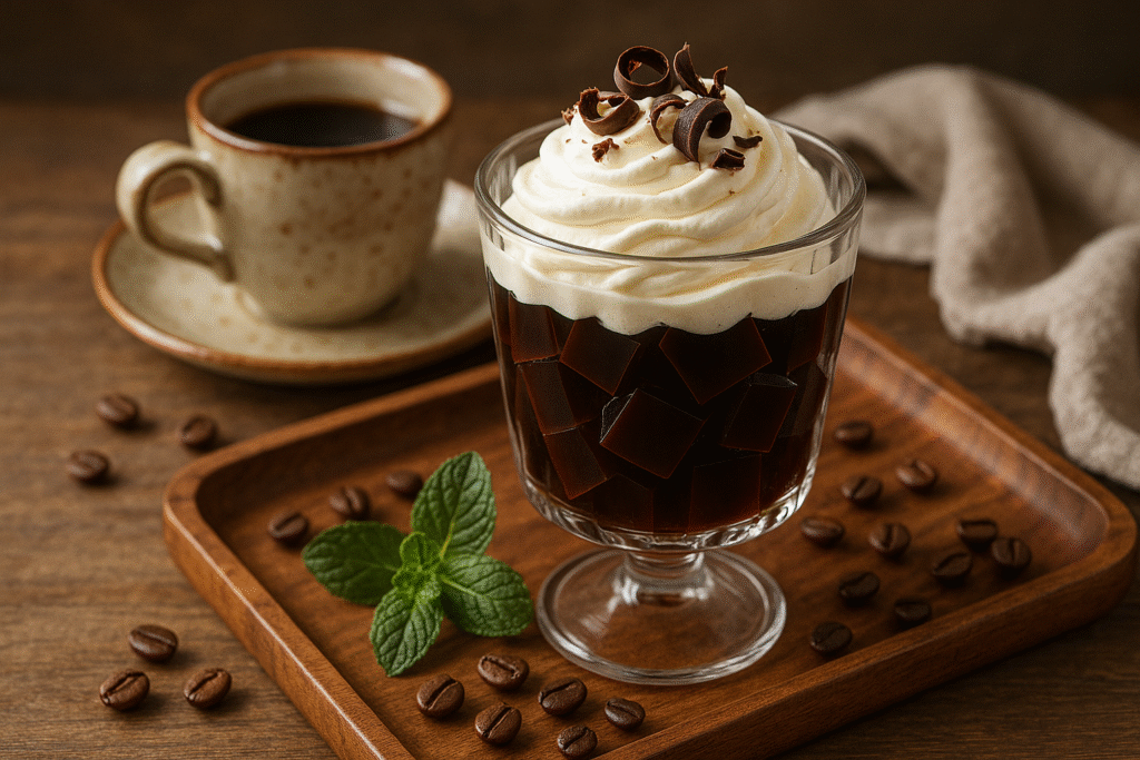Coffee Jelly Parfait, Coffee Jelly, Coffee Dessert, Coffee Recipe, Retro Coffee Recipe, Brew Coffee Treats, Daily Coffee, coffee culture, coffee lifestyle, daily coffee, morning coffee, coffee love, brew coffee, retro desserts, coffee-inspired recipes, Jannes Punita blog, coffee-based dessert