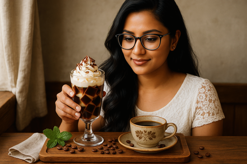 Coffee Jelly Parfait, Coffee Jelly, Coffee Dessert, Coffee Recipe, Retro Coffee Recipe, Brew Coffee Treats, Daily Coffee, coffee culture, coffee lifestyle, daily coffee, morning coffee, coffee love, brew coffee, retro desserts, coffee-inspired recipes, Jannes Punita blog, coffee-based dessert
