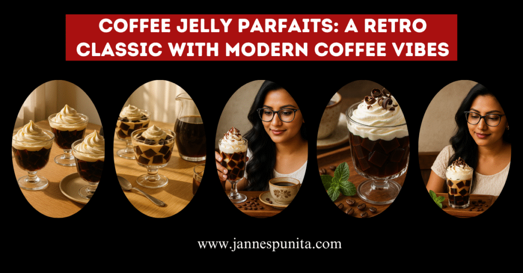 Coffee Jelly Parfait, Coffee Jelly, Coffee Dessert, Coffee Recipe, Retro Coffee Recipe, Brew Coffee Treats, Daily Coffee, coffee culture, coffee lifestyle, daily coffee, morning coffee, coffee love, brew coffee, retro desserts, coffee-inspired recipes, Jannes Punita blog, coffee-based dessert